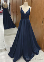 A-line V Neck Sweep Train Satin Prom Dresses With Pleated