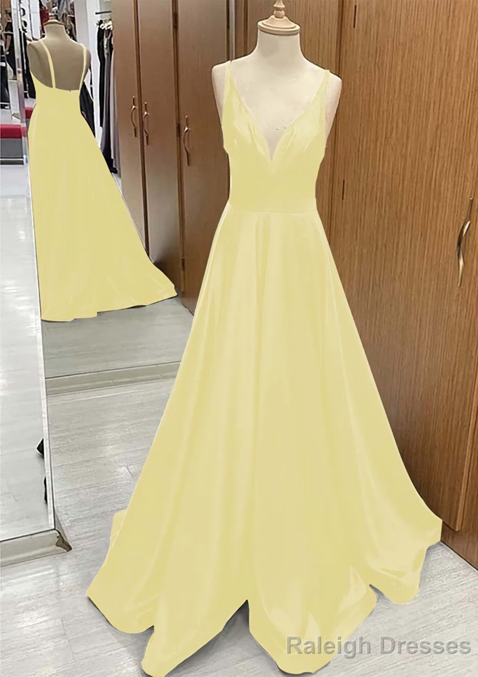 A-line V Neck Sweep Train Satin Prom Dresses With Pleated