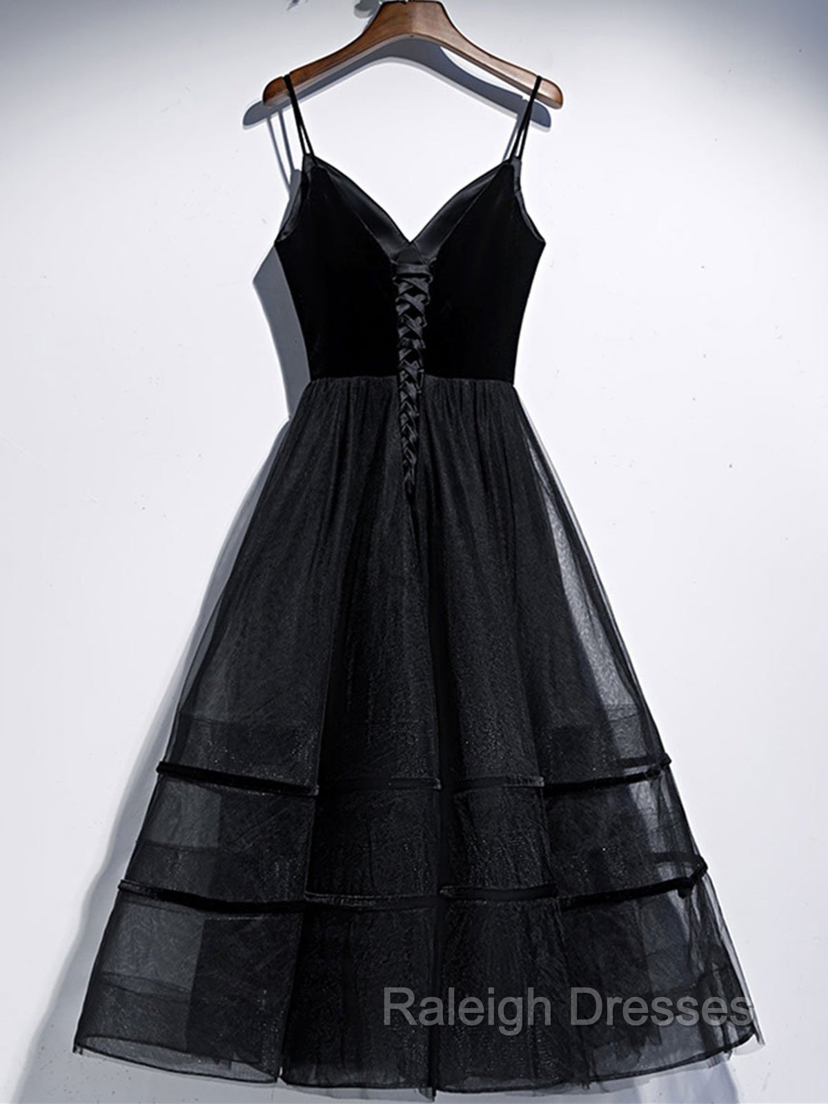 A Line V Neck Tea Length Black Velvet Prom Dresses, Black Tea Length Graduation Homecoming Dresses Secondary image