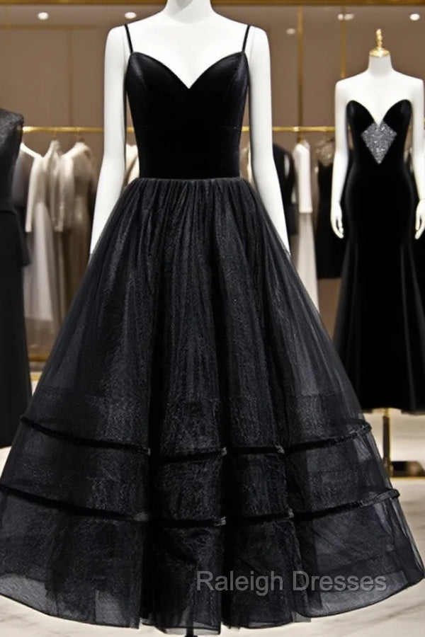 A Line V Neck Tea Length Black Velvet Prom Dresses, Black Tea Length Graduation Homecoming Dresses Main image