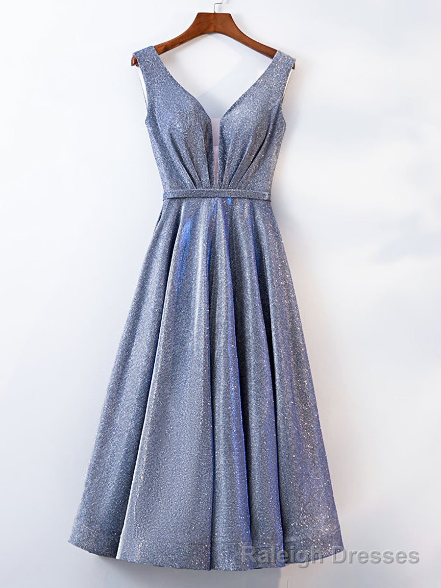 A Line V Neck Tea Length Gray/Pink Prom Dresses, Shiny Tea Length Formal Dresses Secondary image