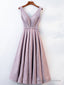 A Line V Neck Tea Length Gray/Pink Prom Dresses, Shiny Tea Length Formal Dresses