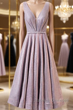 A Line V Neck Tea Length Prom Dresses, Shiny Tea Length Formal Evening Dresses