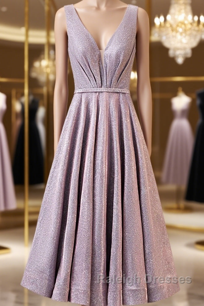 A Line V Neck Tea Length Prom Dresses, Shiny Tea Length Formal Evening Dresses