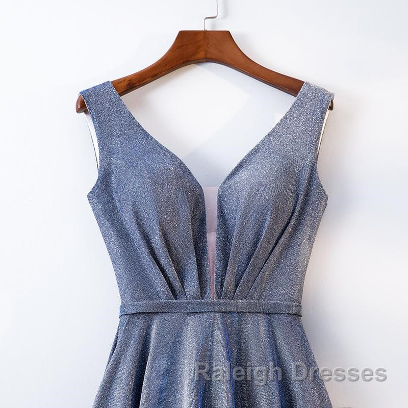 A Line V Neck Tea Length Prom Dresses, Shiny Tea Length Formal Evening Dresses