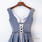 A Line V Neck Tea Length Prom Dresses, Shiny Tea Length Formal Evening Dresses