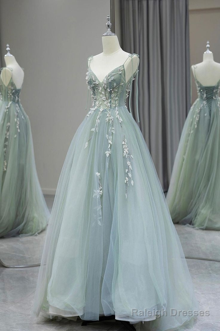 A-Line V Neck Tulle Beaded Applique Long Prom Dress, Spaghetti Strap Formal Evening Dress Main image