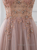 A-Line V Neck Tulle Beading Pink Long Prom Dress. Pink Formal Dress