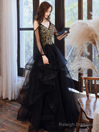 A-Line V Neck Tulle Beads Black Long Prom Dress, Black Long Formal Dress