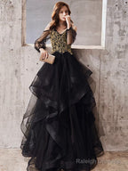 A-Line V Neck Tulle Beads Black Long Prom Dress, Black Long Formal Dress