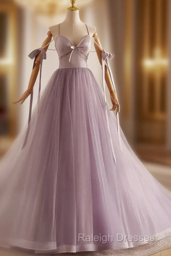 A-Line V Neck Tulle Beads Purple Long Prom Dress, Purple Long Formal Dress