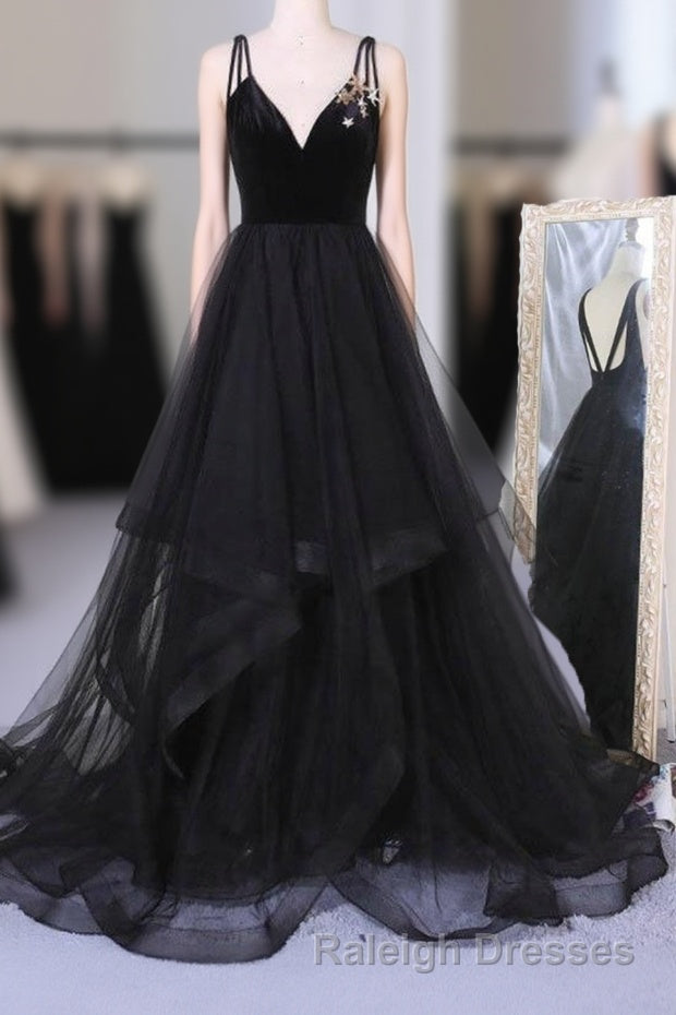 A Line V Neck Tulle Black Ball Gown, Black Prom, Black Formal
