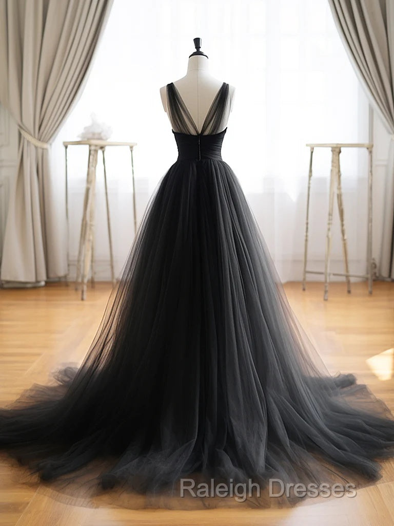 A-Line V Neck Tulle Black Long Prom Dress