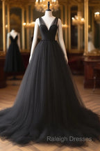 A-Line V Neck Tulle Black Long Prom Dress, Black Long Formal Dress