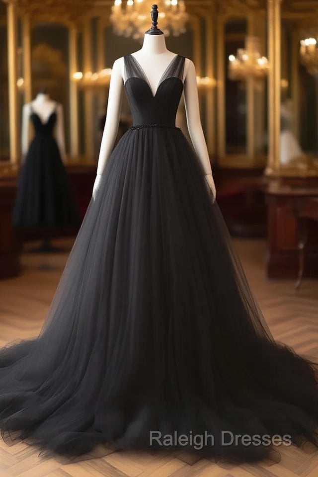 A-Line V Neck Tulle Black Long Prom Dress, Black Long Formal Dress