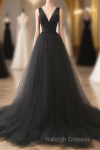 A-Line V Neck Tulle Black Long Prom Dress
