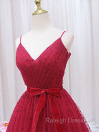 A Line V Neck Tulle Burgundy Long Prom Dress, Burgundy Formal Dresses