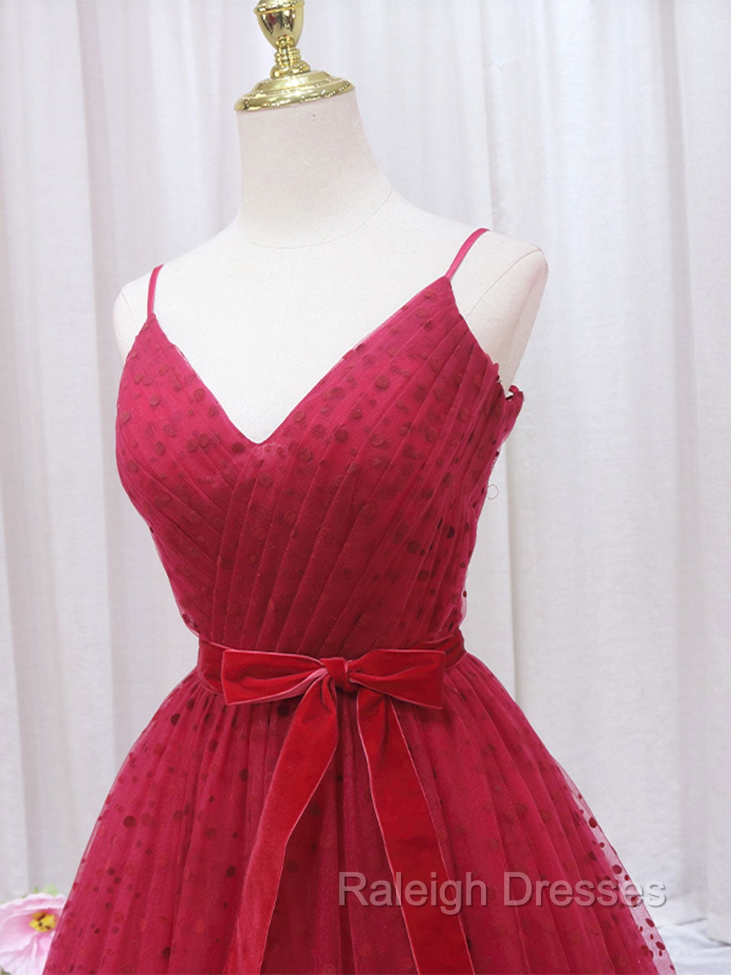 A Line V Neck Tulle Burgundy Long Prom Dress, Burgundy Formal Dresses