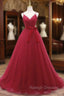 A Line V Neck Tulle Burgundy Long Prom Dress, Burgundy Formal Dresses