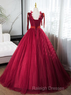 A-Line V Neck Tulle Burgundy Long Prom Dress, Burgundy Long Evening Dress