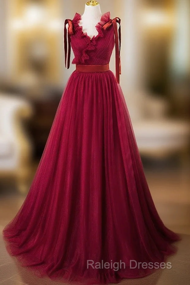 A-Line V Neck Tulle Burgundy Long Prom Dress, Burgundy Long Evening Dress Main image