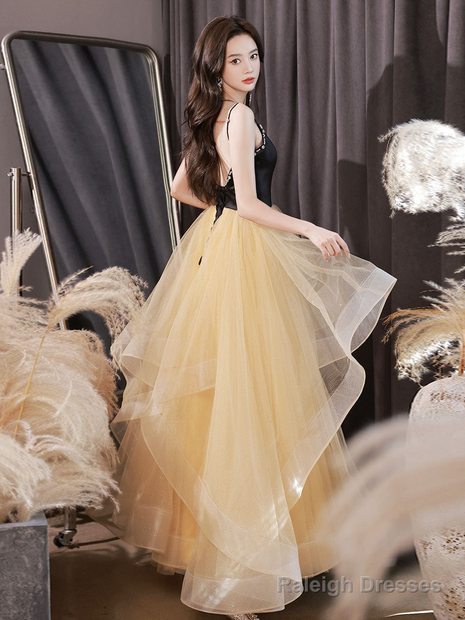A-Line V Neck Tulle Champagne Long Prom Dress, Tulle Formal Evening Dress Secondary image