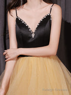 A-Line V Neck Tulle Champagne Long Prom Dress, Tulle Formal Evening Dress