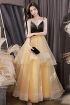 A-Line V Neck Tulle Champagne Long Prom Dress, Tulle Formal Evening Dress
