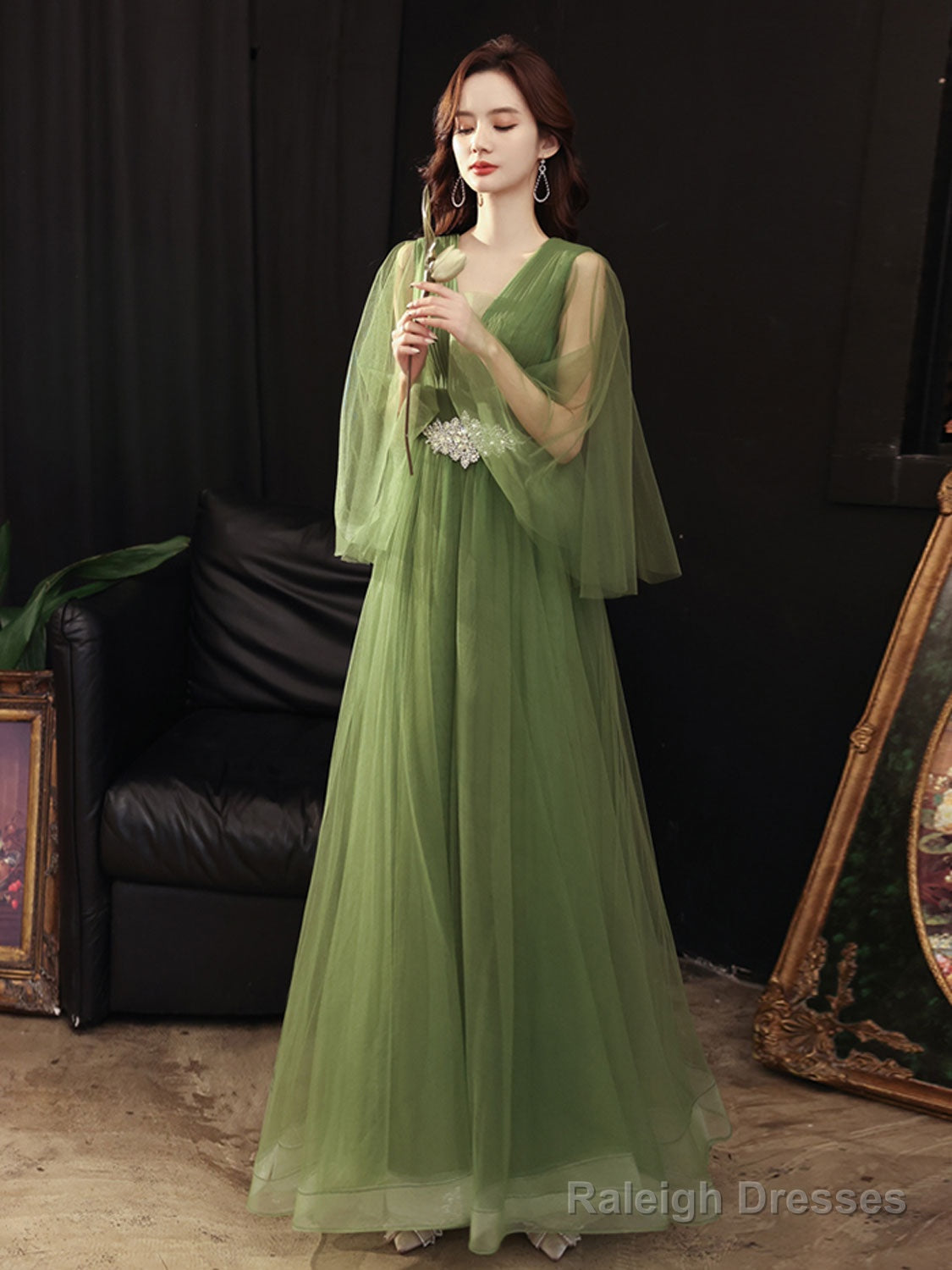 A-Line V Neck Tulle Green Long Prom Dress, Green Formal Dress Secondary image