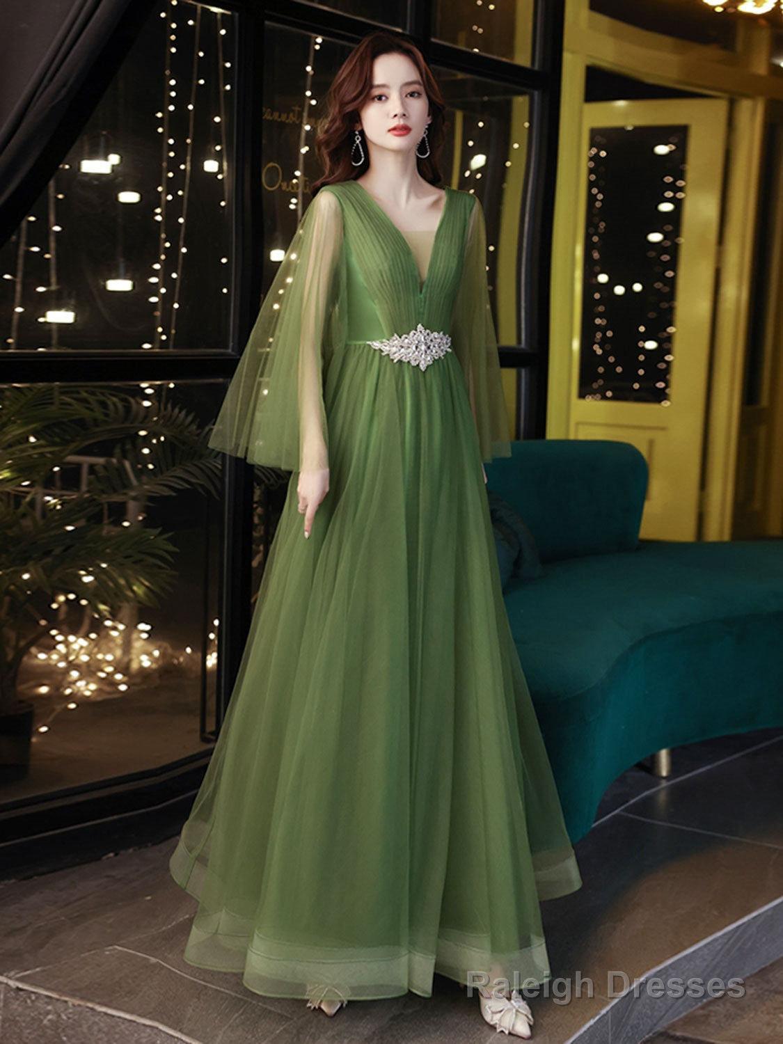 A-Line V Neck Tulle Green Long Prom Dress, Green Formal Dress Main image