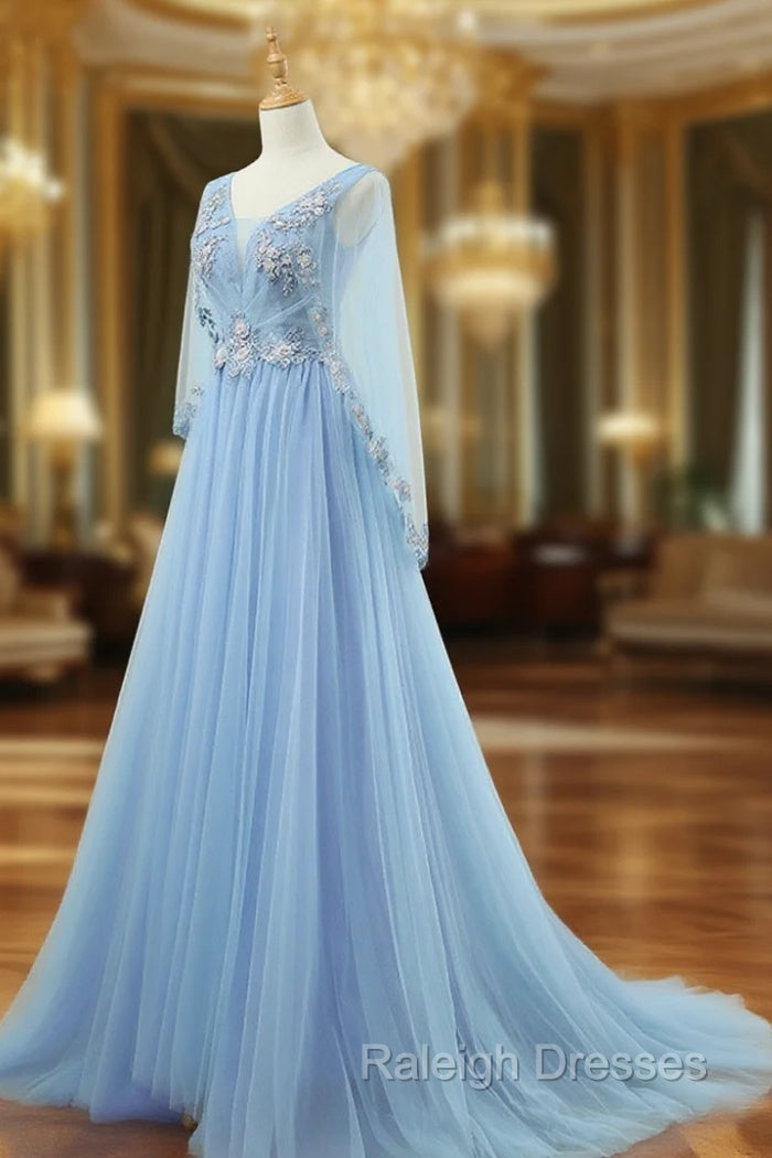 A-Line V Neck  Tulle Lace Blue Long Prom Dresses, Blue Formal Evening Dress Main image