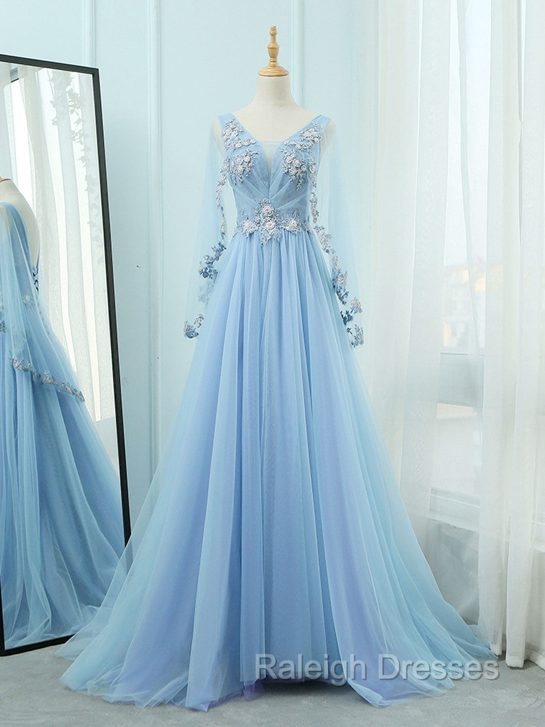 A-Line V Neck  Tulle Lace Blue Long Prom Dresses, Blue Formal Evening Dress Secondary image