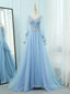 A-Line V Neck  Tulle Lace Blue Long Prom Dresses, Blue Formal Evening Dress