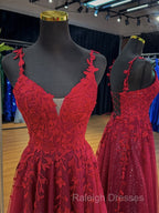 A-Line V Neck Tulle Lace Burgundy Long Prom Dress, Burgundy Long Evening Dress