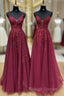 A-Line V Neck Tulle Lace Burgundy Long Prom Dresses Burgundy Long Prom Dresses