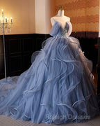 A-Line V Neck Tulle Lace Gray Blue Long Prom Dresses Blue Long Sweet 16 Dresses