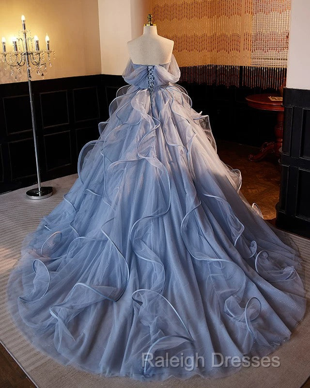 A-Line V Neck Tulle Lace Gray Blue Long Prom Dresses Blue Long Sweet 16 Dresses