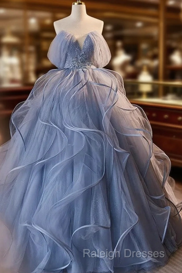 A-Line V Neck Tulle Lace Gray Blue Long Prom Dress, Blue Long Sweet 16 Dress Main image