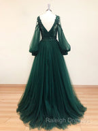 A Line V Neck Tulle Lace Green Long Prom Dresses Green Prom Dress