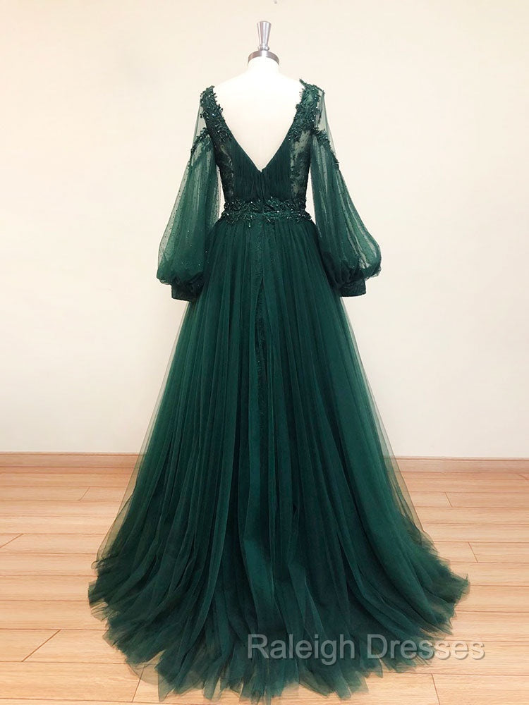 A Line V Neck Tulle Lace Green Long Prom Dresses Green Prom Dress