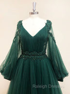 A-Line V Neck Tulle Lace Green Long Prom Dress, Green Formal Evening Dresses