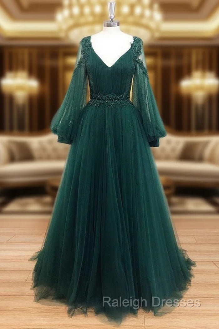 A-Line V Neck Tulle Lace Green Long Prom Dress, Green Formal Evening Dresses Main image