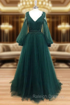 A-Line V Neck Tulle Lace Green Long Prom Dress, Green Formal Evening Dresses