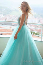 A Line V neck Tulle Lace Long Prom Dress