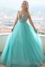 A Line V neck Tulle Lace Long Prom Dress