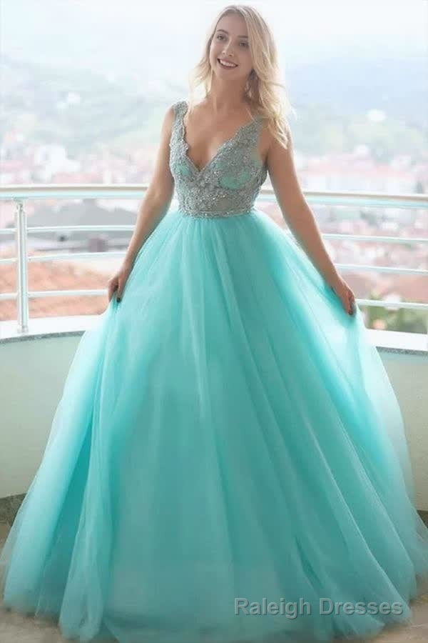 A Line V neck Tulle Lace Long Prom Dress