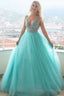 A Line V neck Tulle Lace Long Prom Dress