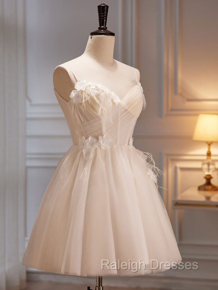 A-Line V Neck Tulle Light Champagne Short Prom Dress, Champagne Homecoming Dress Secondary image