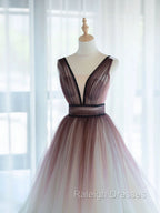 A Line V Neck Tulle Long Brown Prom Dresses, Tulle Long Prom Dresses