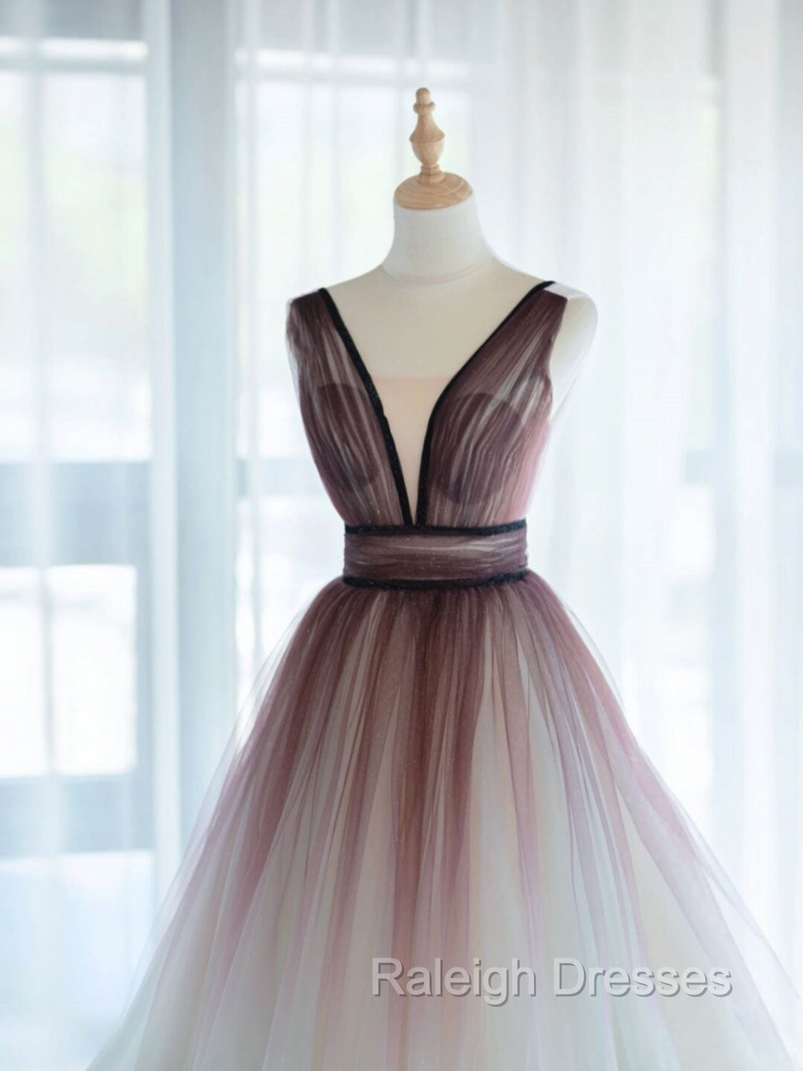 A Line V Neck Tulle Long Brown Prom Dresses, Tulle Long Prom Dresses